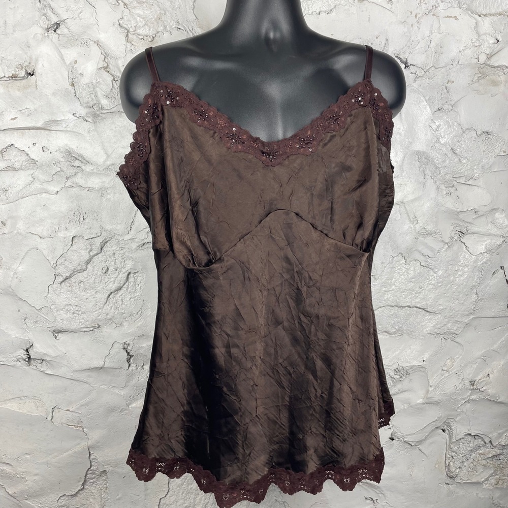 Y2K Fashion Bug Brown Satin Cami Top 24 Plus Lace Sequin Beaded Whimsigoth